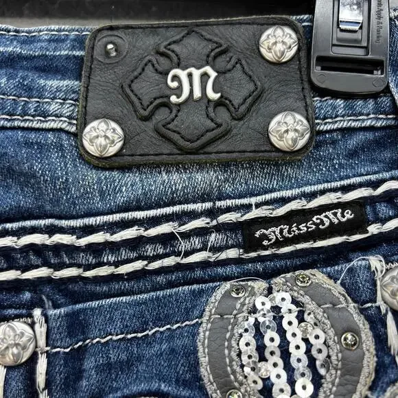 Miss Me Jeans Women's 27x31 (4) Blue Easy Boot Embellished Fleur de Lis Blingy - Picture 6 of 15